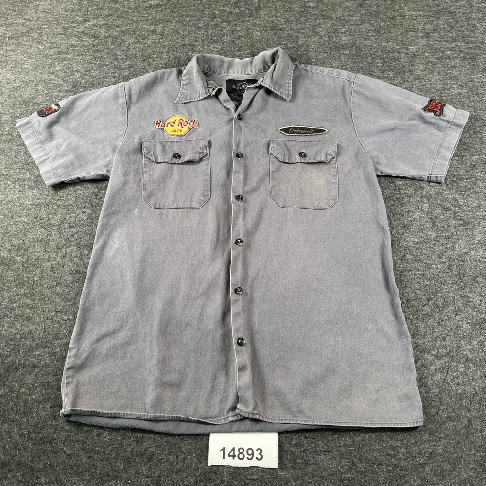 Hard Rock Cafe Shirt Men Large Gray Cotton Orlando Embroidered Patches Button Up